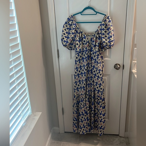 Zara Ikat Maxi Tiered Dress, Ivory Blue Black Pink size Large - Picture 9 of 17